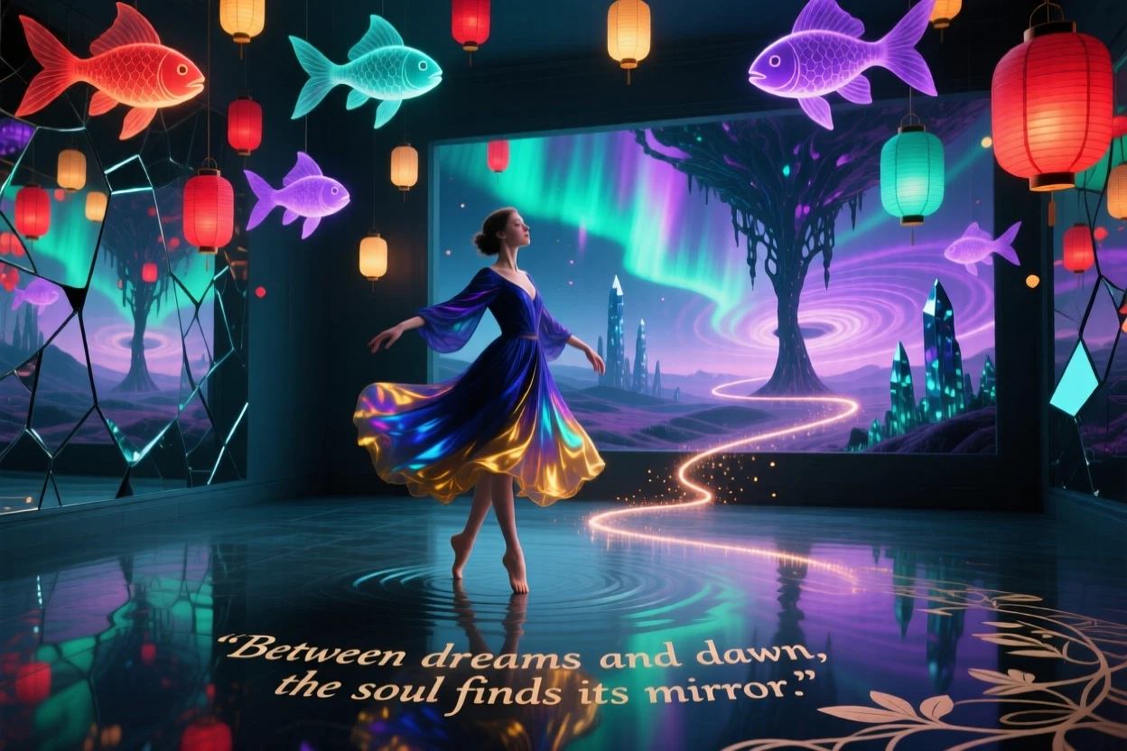 A dancer spinning slowly at the center of a room filled with floating lanterns pauses thoughtfully at the edge of an unfamiliar world, while a faint trail of light marks the path behind them.