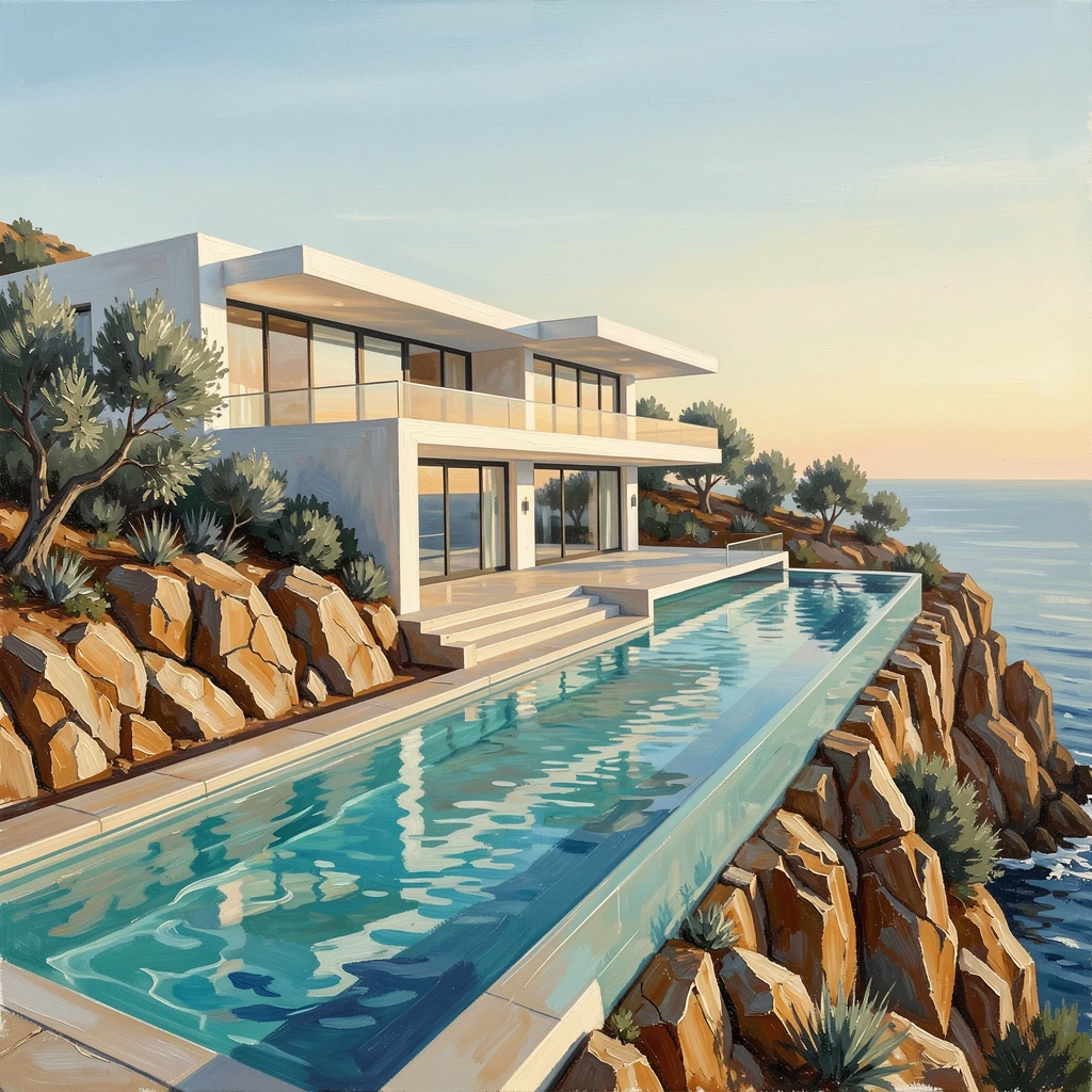 A sleek modern villa perches on a cliffside above the Mediterranean, an infinity pool merging visually with the turquoise sea stretching to the horizon, the changing light of the hour casting long shadows that add depth to every surface.