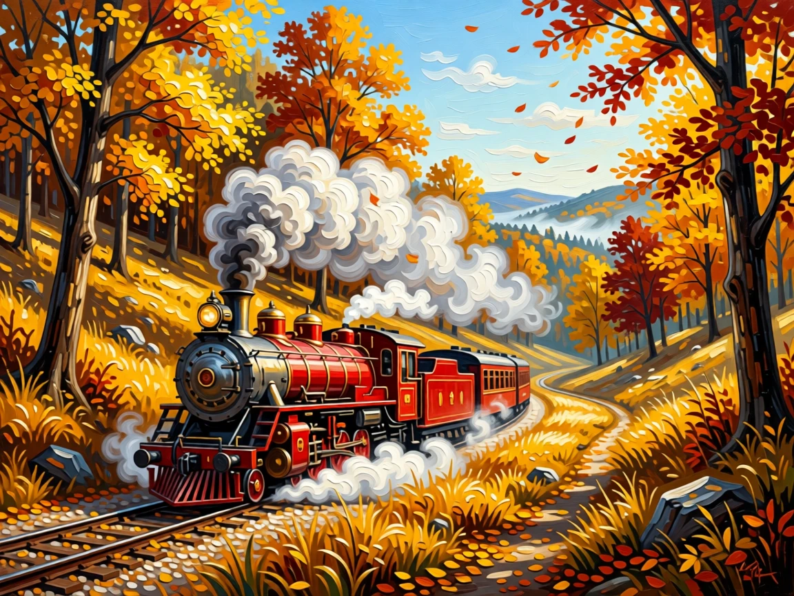 A vintage red steam train winding through a golden autumn valley