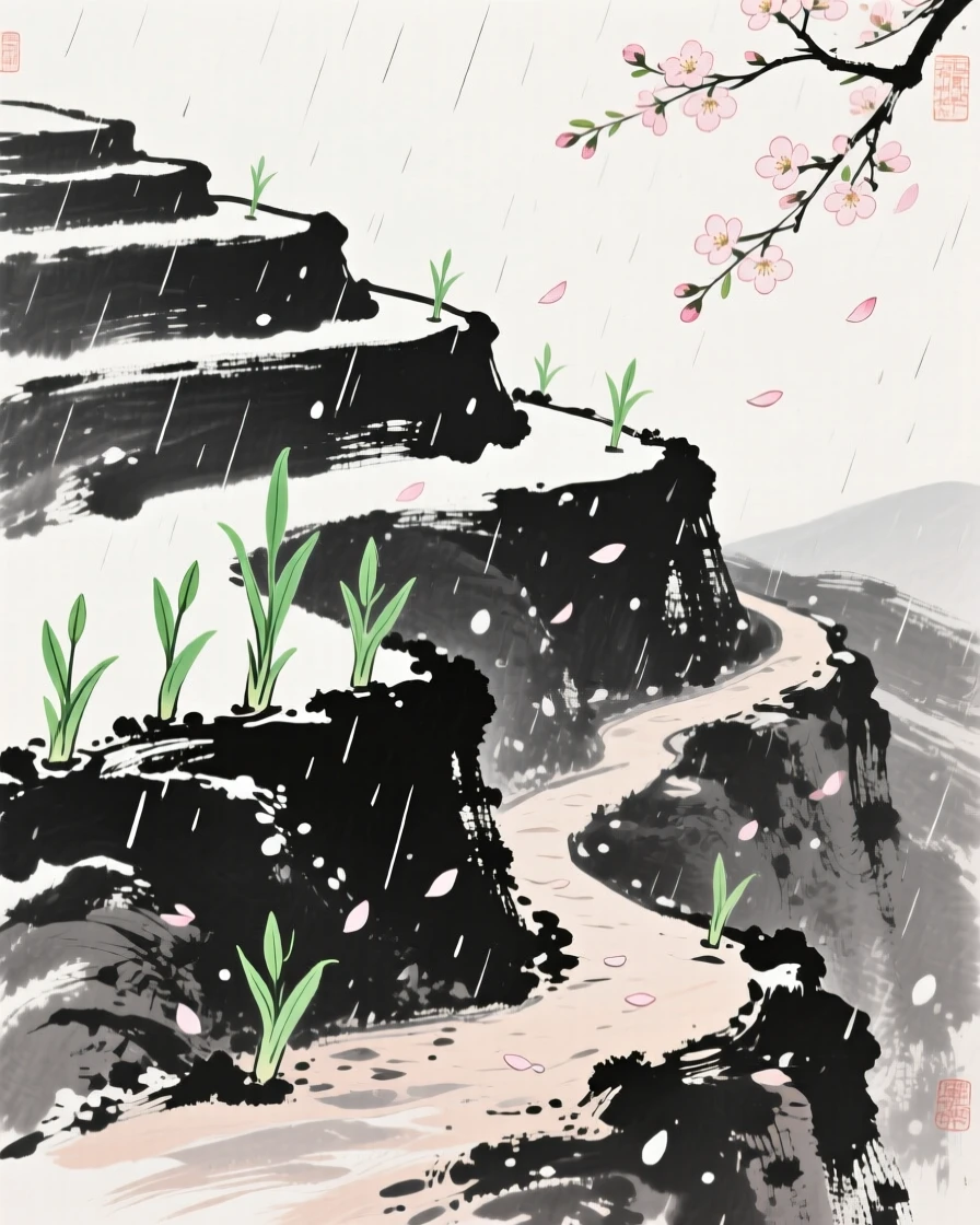 New green shoots emerge across a terraced hillside after the first spring rain, as petals drift like snow across the path.