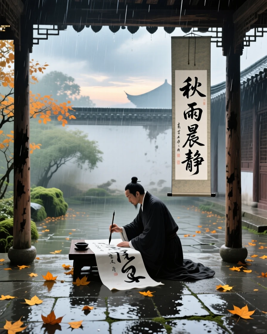 A calligrapher practicing brushstrokes in a quiet courtyard at dawn, just after a rain shower, beneath low hanging clouds, as autumn leaves turn golden.