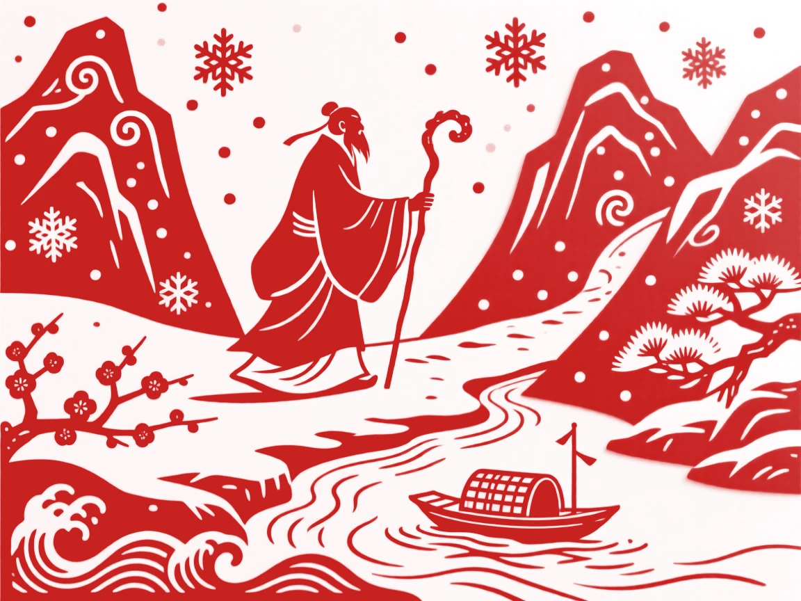 A composition of a scholar with a walking staff along a snow-dusted mountain trail, a single boat drifting on the current far below.