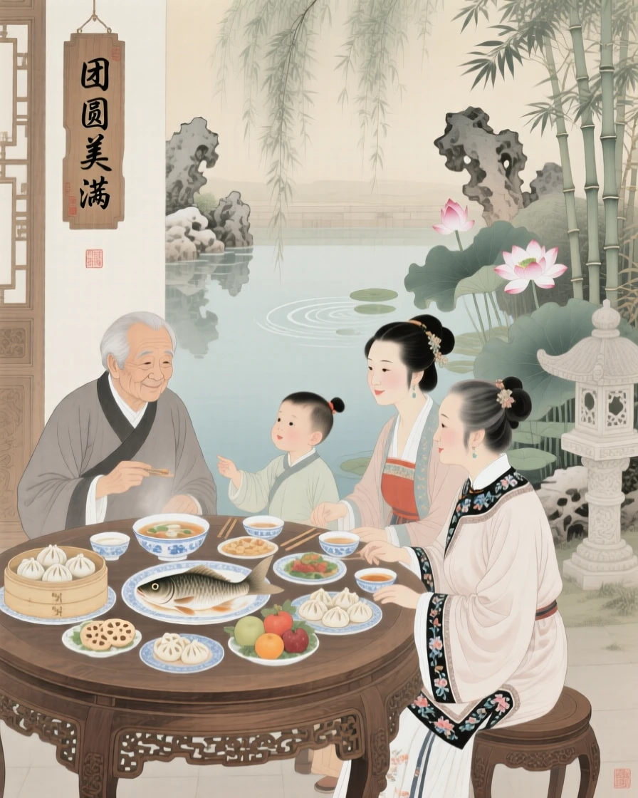 Three generations of a family gathered around a table for a festival dinner, beside a quiet garden pond