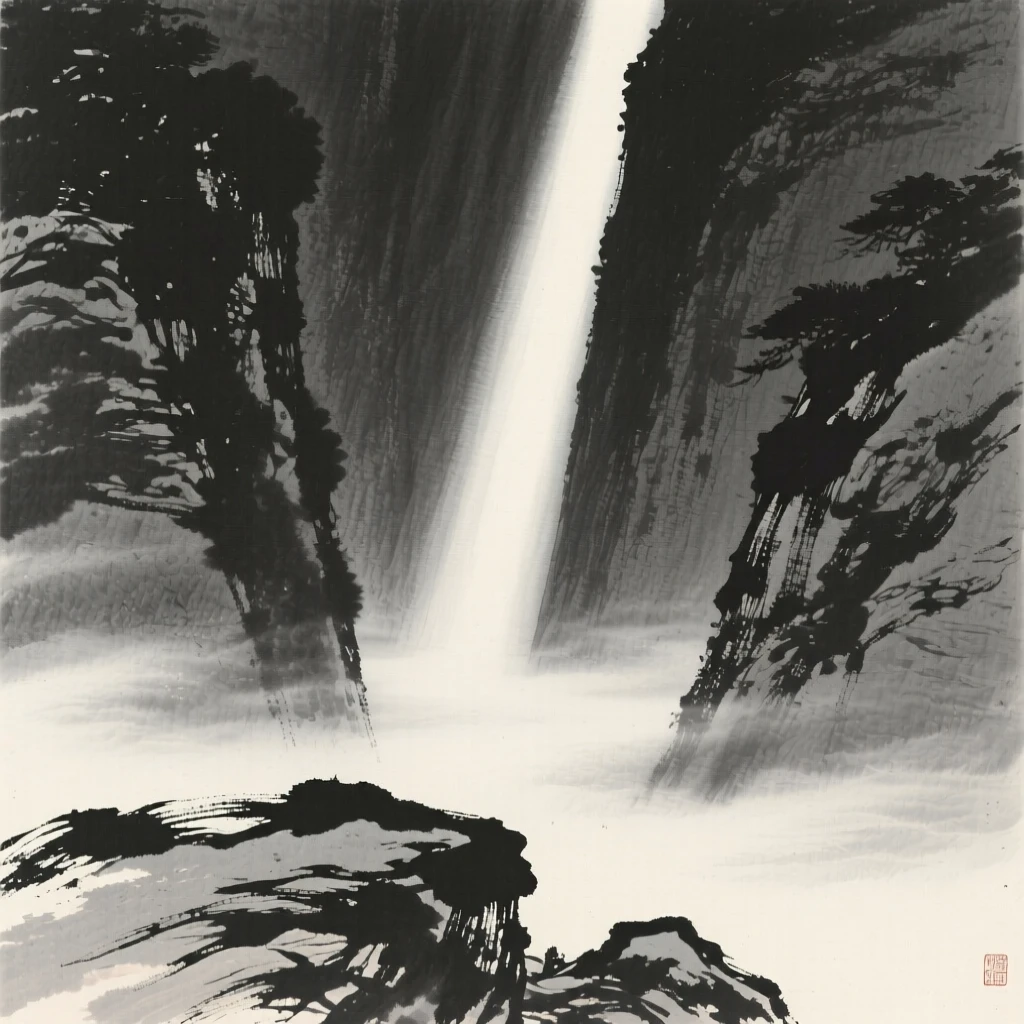 A narrow canyon lit by a single shaft of daylight as thin mist rolls slowly through the lower valley, framed low, with the foreground rocks leading the eye toward the distance, evoking a deep sense of solitude and quiet grandeur.