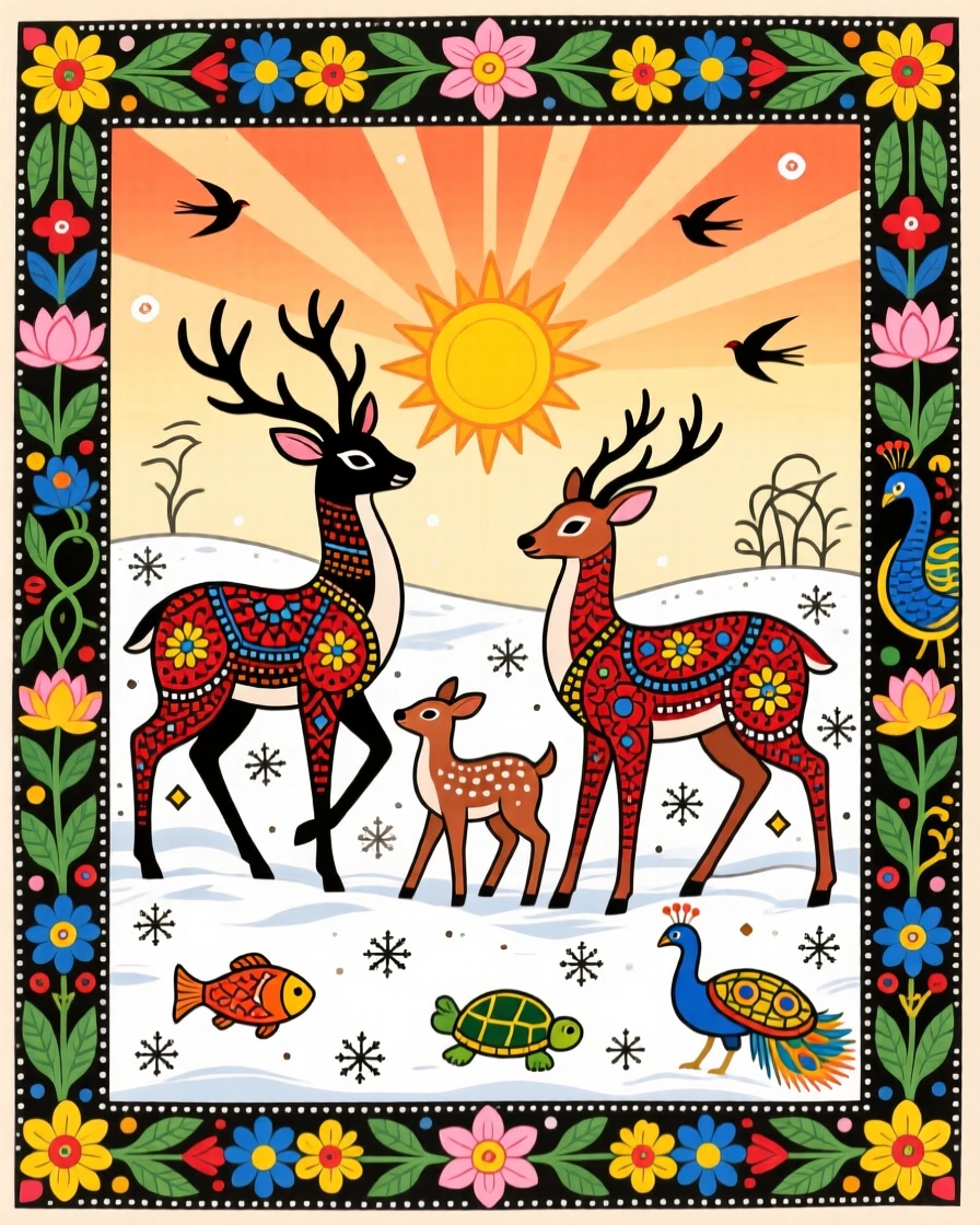 A deer family crossing a snow-dusted clearing at first light.