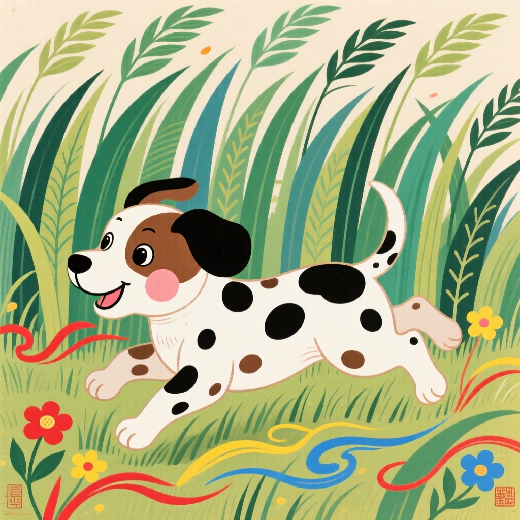 A small spotted puppy running through a field of tall grass.