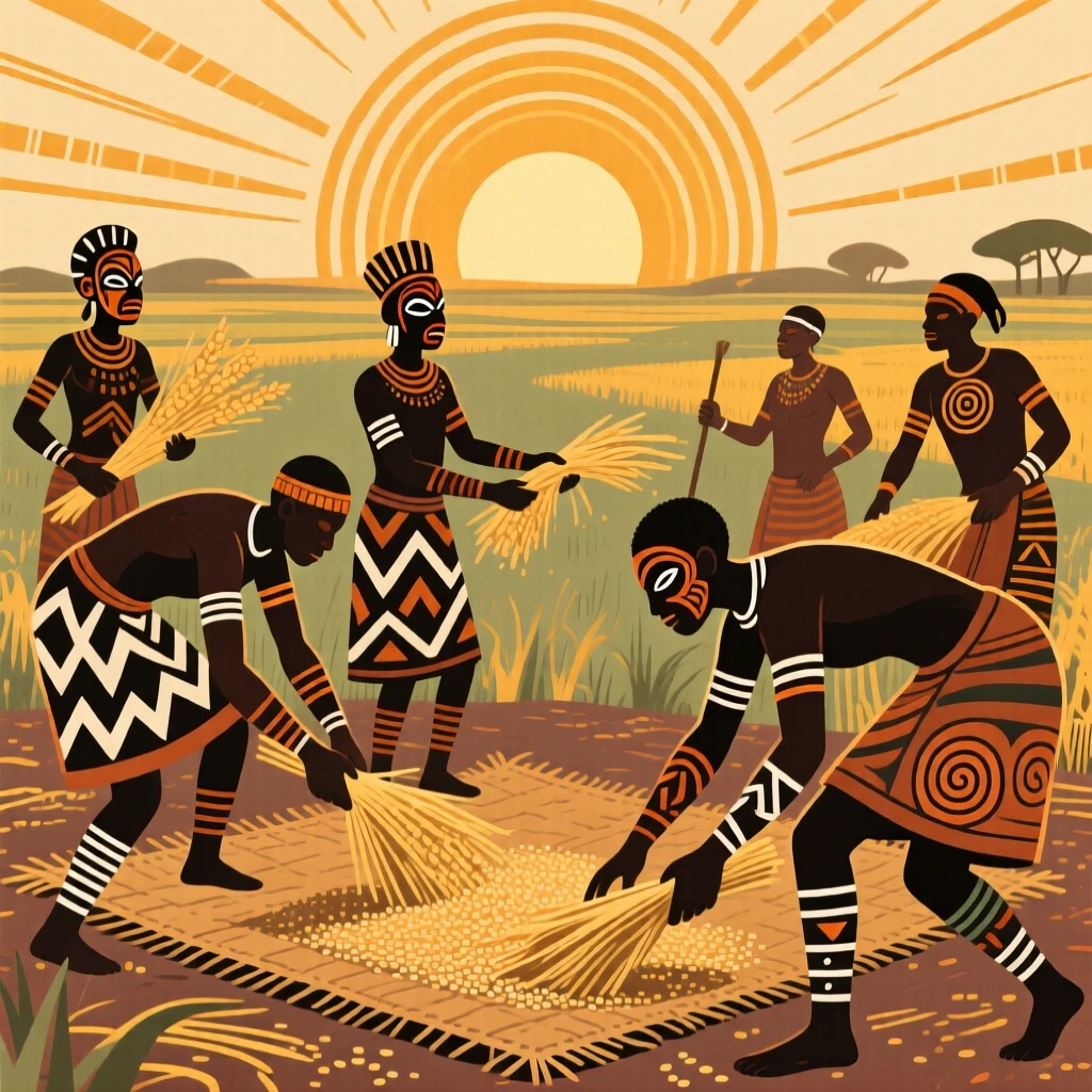 Villagers threshing grain on a wide open mat as the sun rises over the fields.