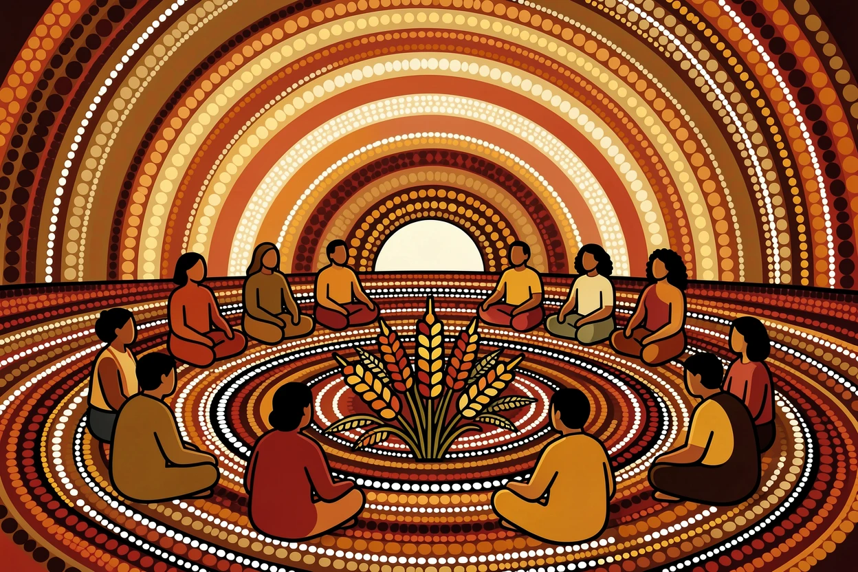 A community gathering for a harvest celebration at sunrise