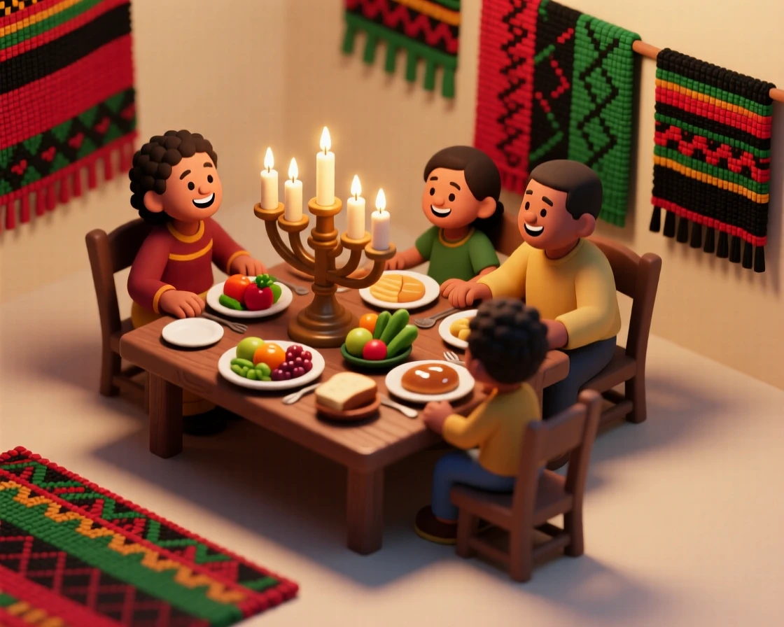 A Kwanzaa celebration with a kinara candle holder glowing, woven cloth decorations, and a family gathered for a festive meal.