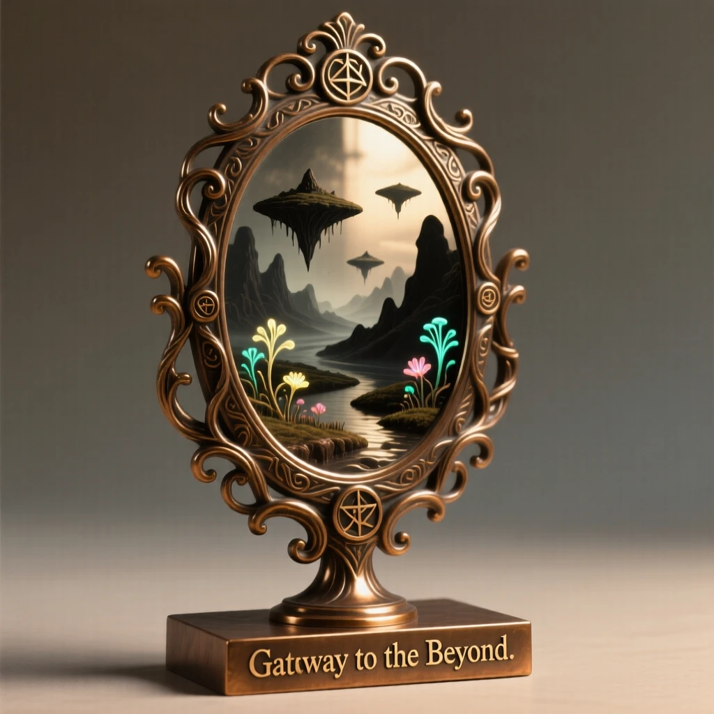 An enchanted mirror revealing another realm, set against a surreal, otherworldly sky, transporting the viewer to another world