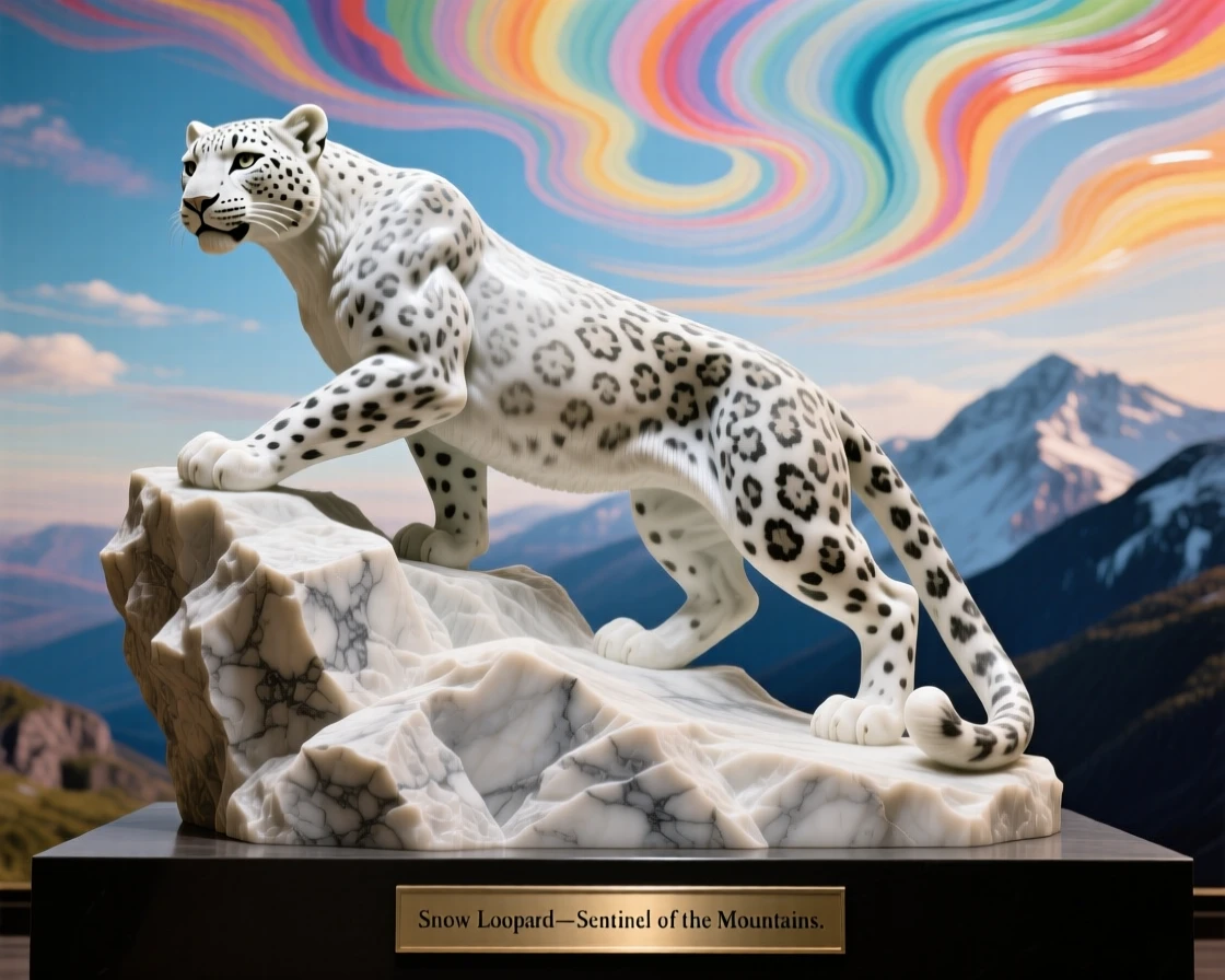 An evocative depiction of a snow leopard perched on a rocky outcrop, under a brilliant, colorful sky, balancing detail with emotional depth