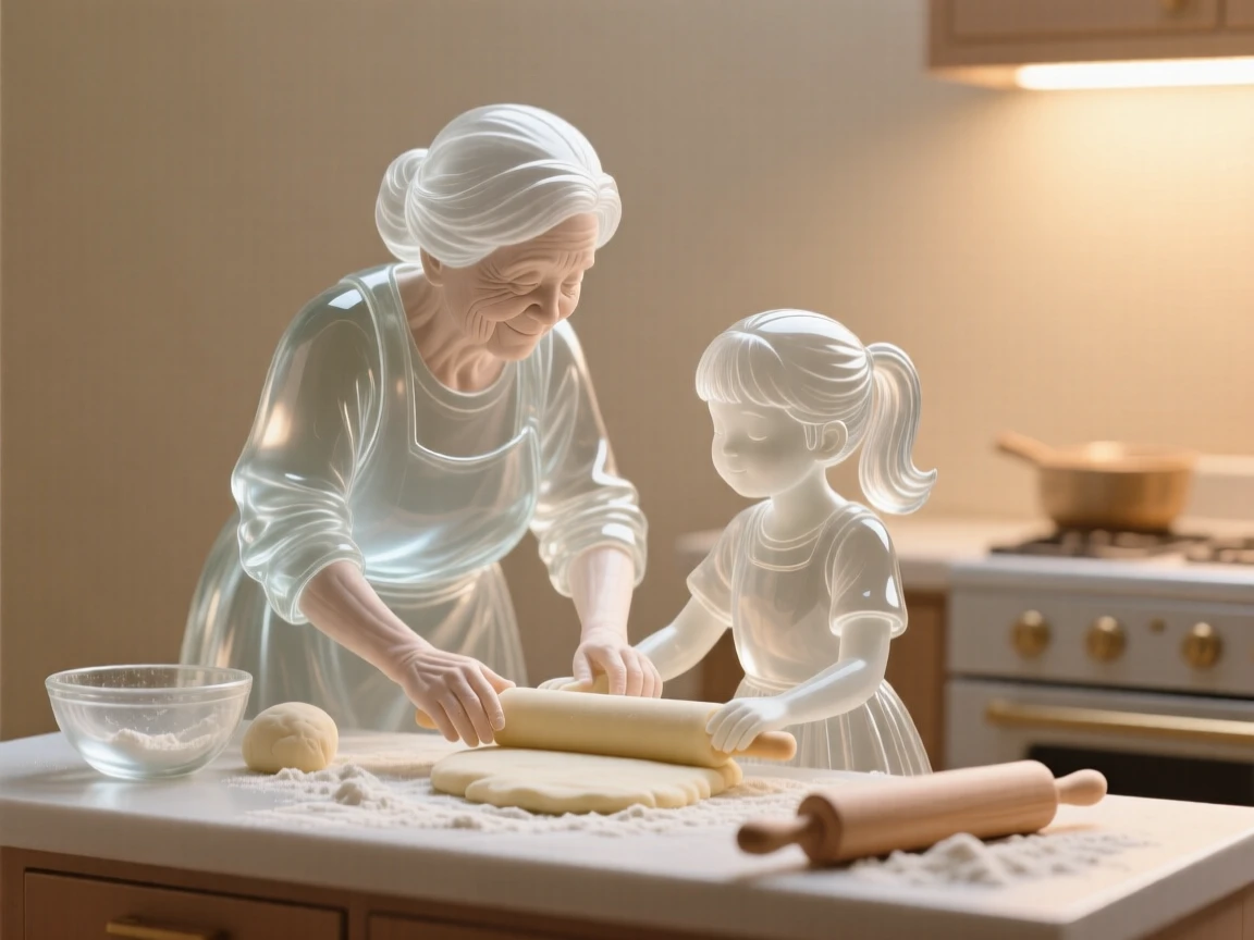 A grandmother teaching her granddaughter to bake in a warm kitchen, as gentle laughter fills the air around them