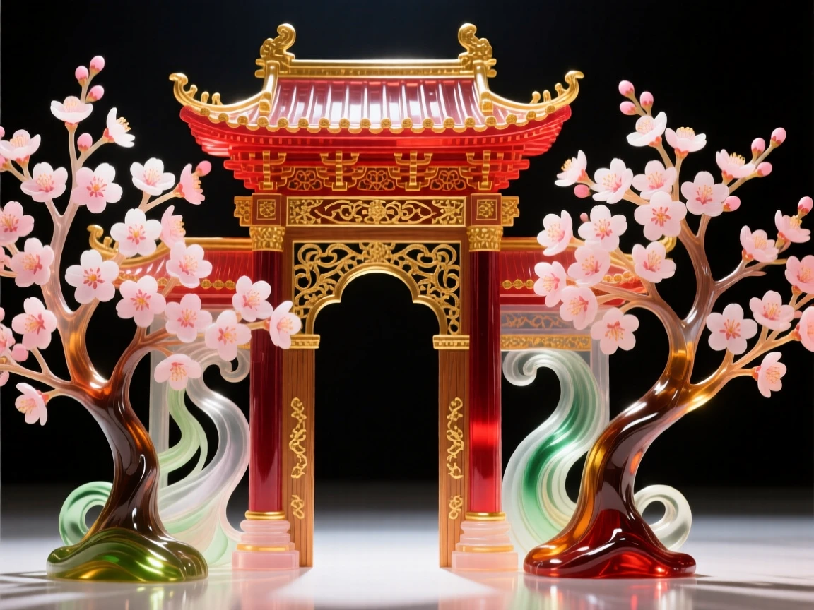 A grand temple gate framed by blossoming cherry trees in full bloom, serene and romantic.