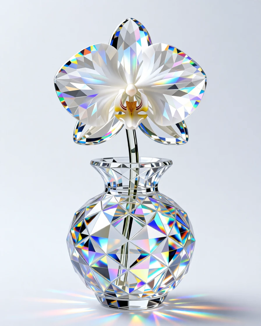 An elegant crystal vase filled with a single perfect white orchid.