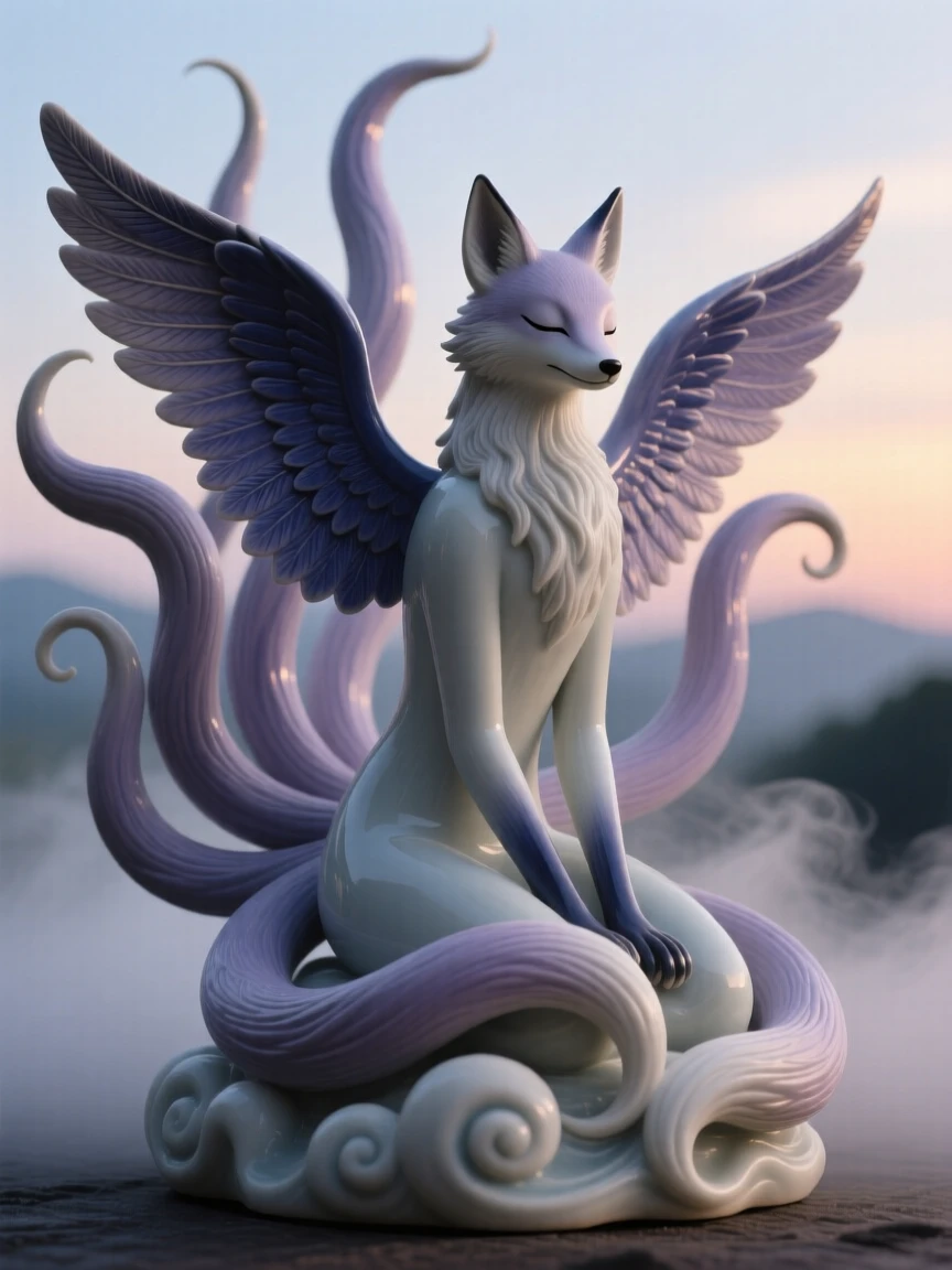 A kitsune with nine flowing tails emerging dramatically from a swirl of mist, its wings catching the last light of dusk, radiating noble power tempered with gentleness.