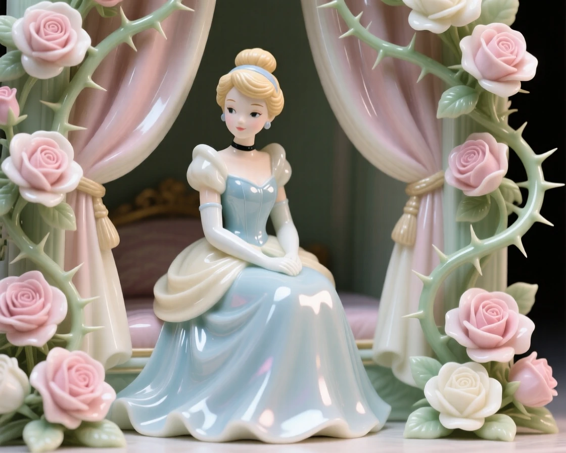 A storybook depiction of Cinderella surrounded by a curtain of roses and thorns, evoking the magic of a bedtime tale.