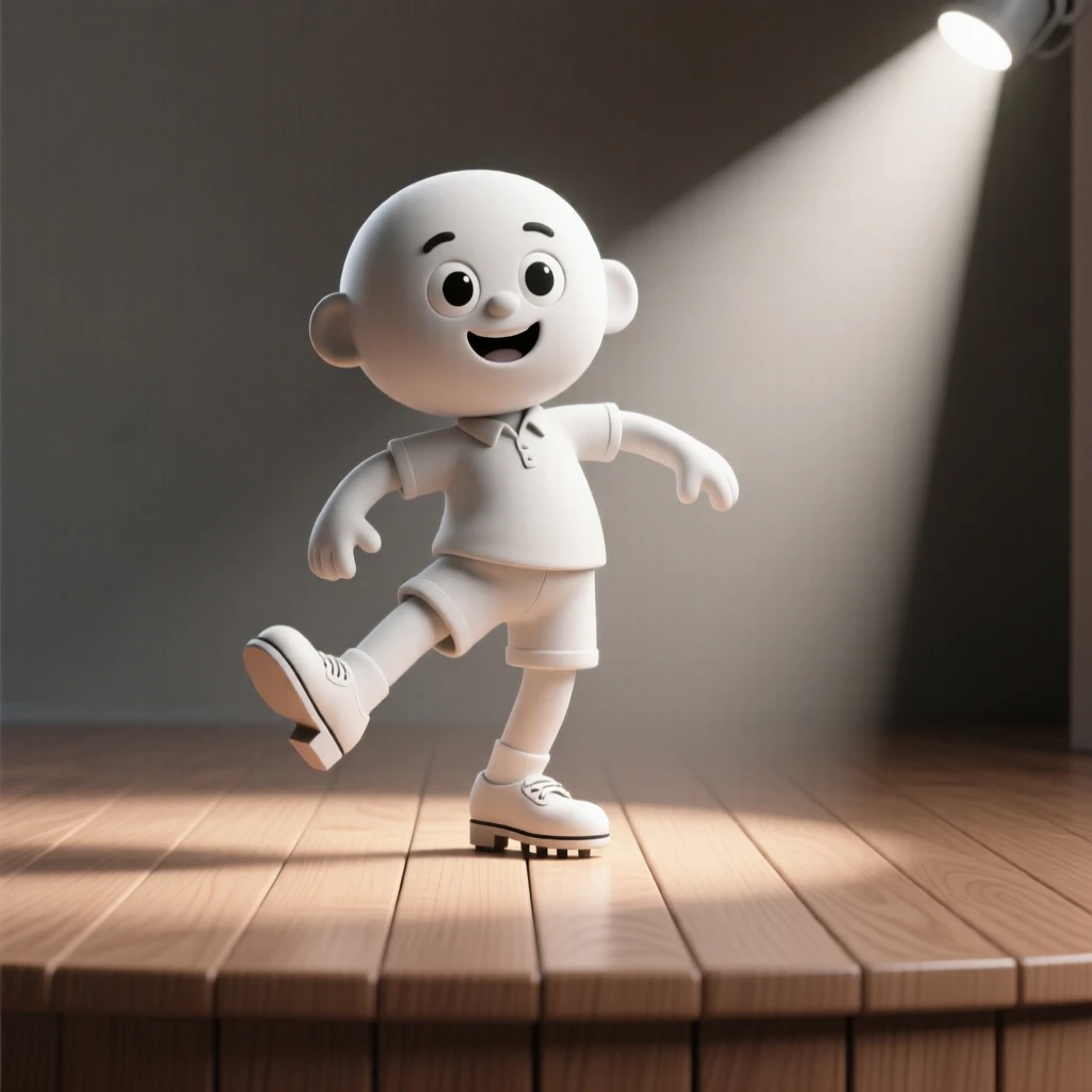 A joyful tap dancer clicks out a rhythmic beat on a wooden stage, spotlight following every quick step.