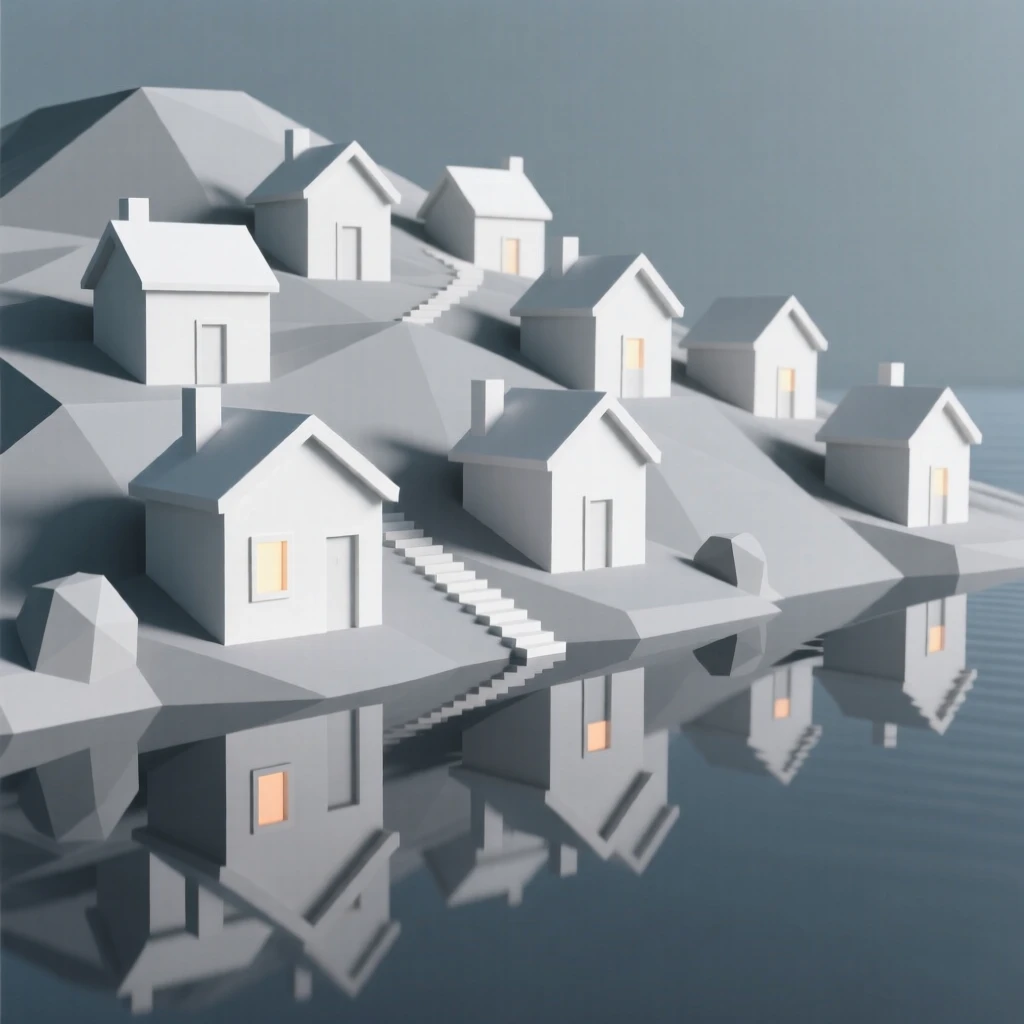 A hidden hillside village of whitewashed houses, reflected perfectly in calm water. warm window lights add a cozy glow to the scene. It captures a feeling of quiet discovery.