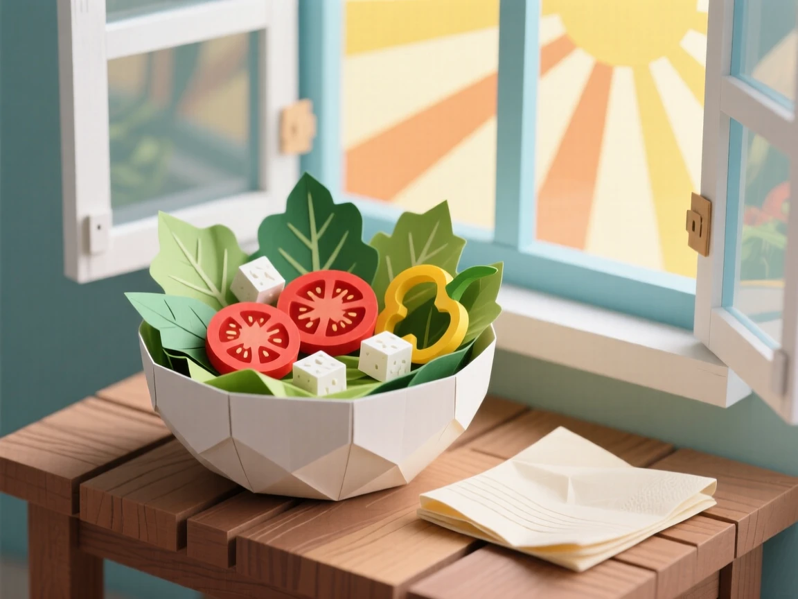 A vibrant bowl of fresh salad arranged beside a sunlit window, with soft natural light highlighting rich colors, evoking cozy, homemade charm.
