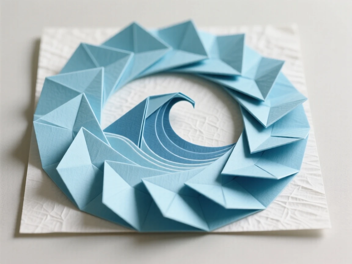 A stylized wave pattern forming a circular decorative motif in soft blue tones.