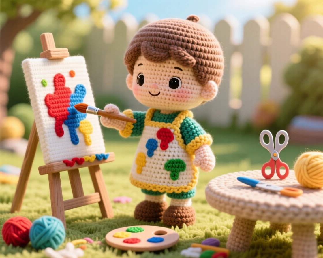 a small child painting at an easel, with a smock covered in colorful drips, adding the final stroke to a small canvas, in a sunny backyard on a warm afternoon, with a scattering of craft supplies on the table, radiating patient concentration and creative satisfaction.