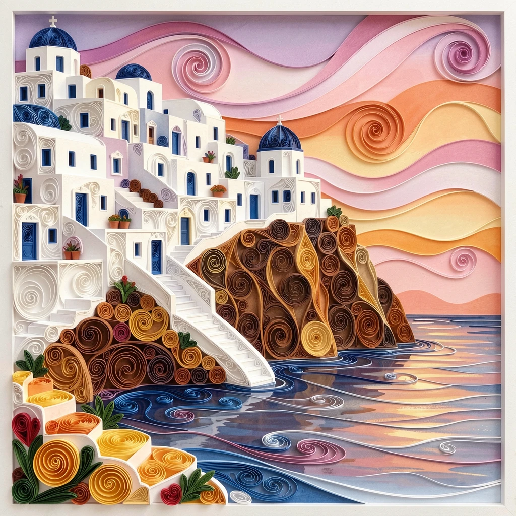 Santorini's white and blue buildings cascading down a cliff, beneath a sky painted in soft sunset gradients, captured with warm foreground details leading to the horizon, with soft reflections shimmering on still water.