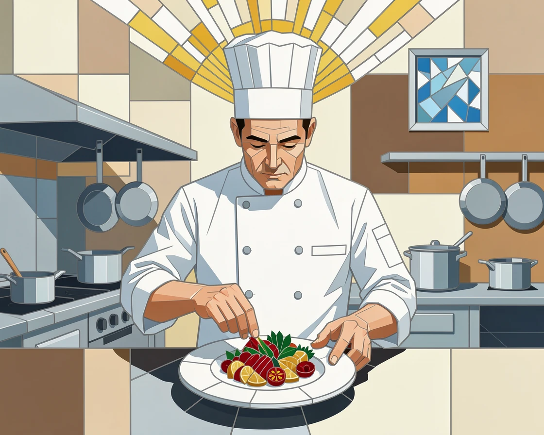 A chef plating an elegant dish in a bustling professional kitchen.