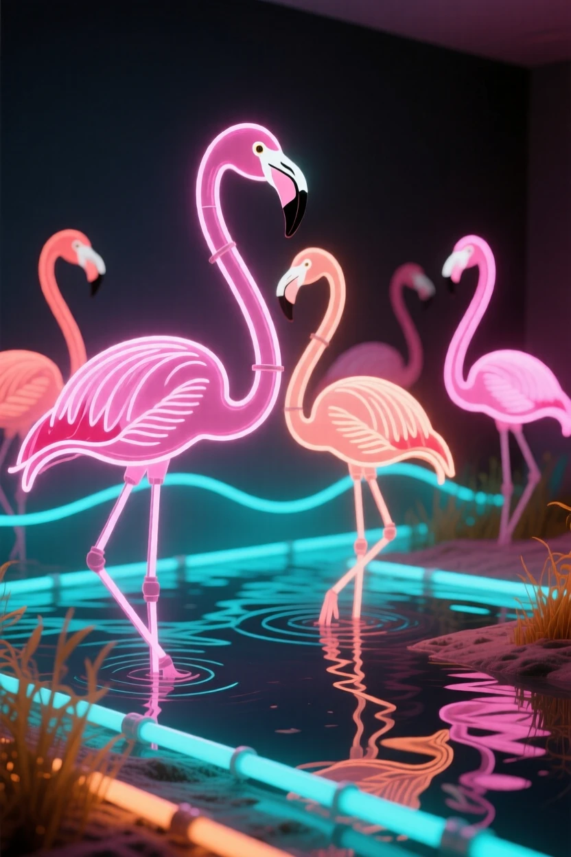 A flock of flamingos wading through a shallow lagoon.