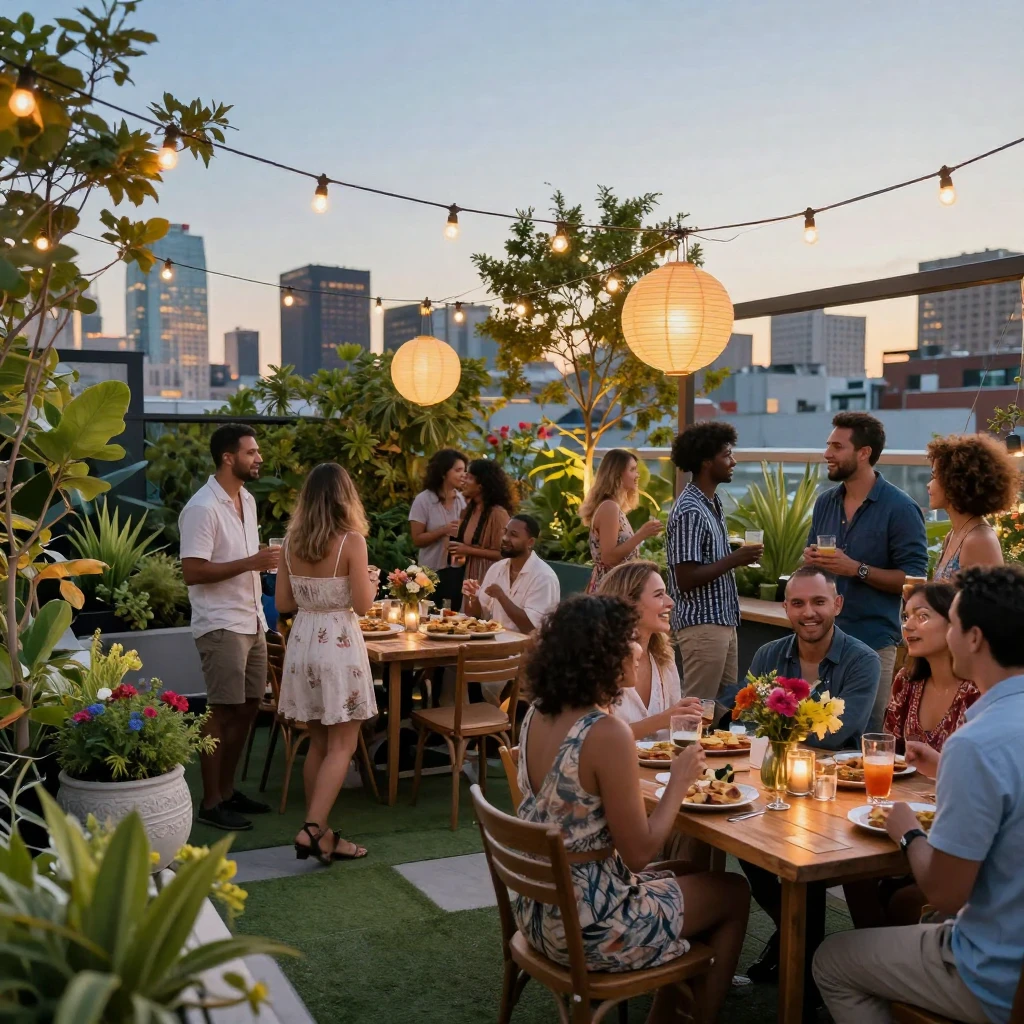 A rooftop garden party with string lights and lanterns