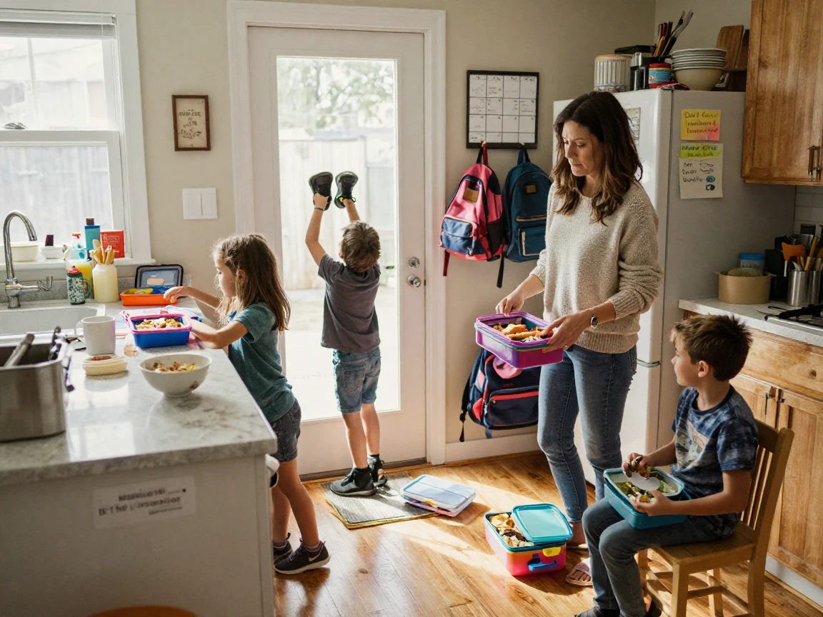 A mother packs lunches for three kids at once amid morning chaos in the kitchen.