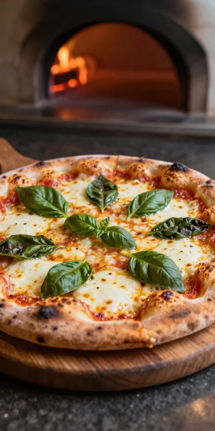 A wood-fired pizza fresh from the oven with bubbling cheese and basil leaves