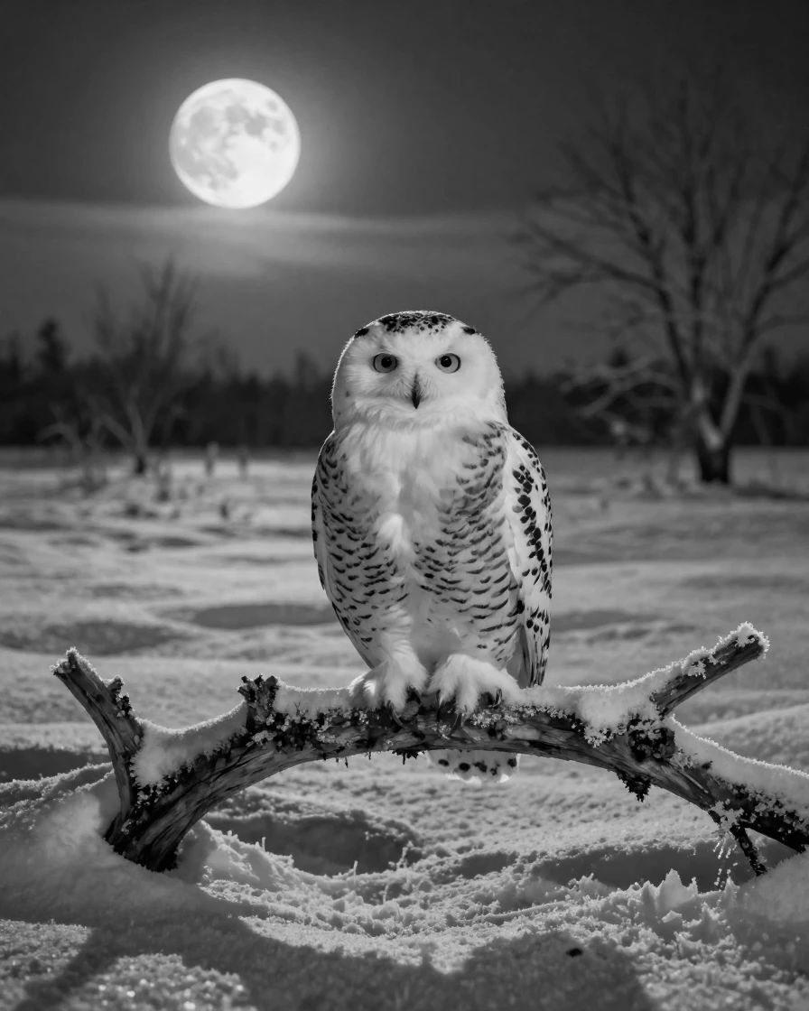 A snowy owl watches silently from a frozen branch across a moonlit snowfield.