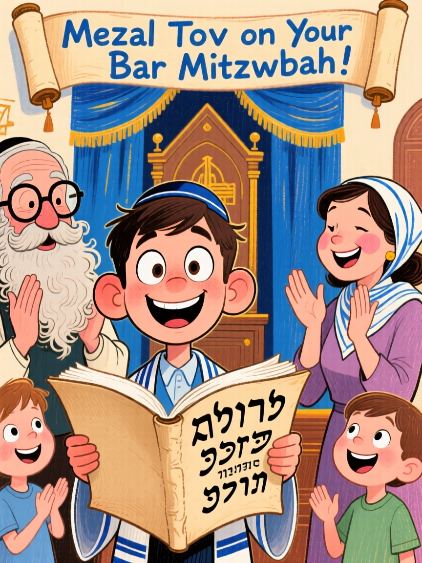 A family celebrating a traditional Jewish bar mitzvah, the young man reading from the Torah.