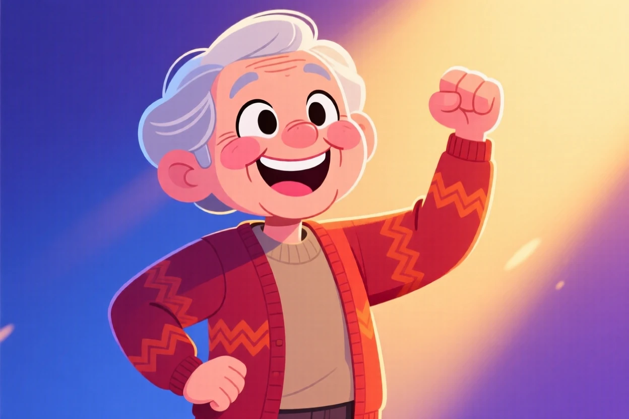 A heartwarming moment depicting a proud grandparent smiling proudly after overcoming a challenge, as warm light glows softly around them.