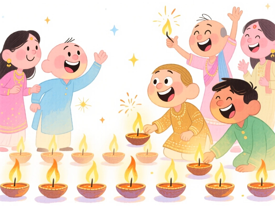 A joyful celebration scene of a festive Diwali scene with rows of glowing oil lamps, sparkling with celebratory energy