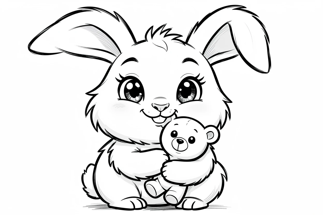 [Cute Animals & Pets] Adorable scene of a fluffy bunny cuddling with a stuffed toy, bursting with charm and playful energy