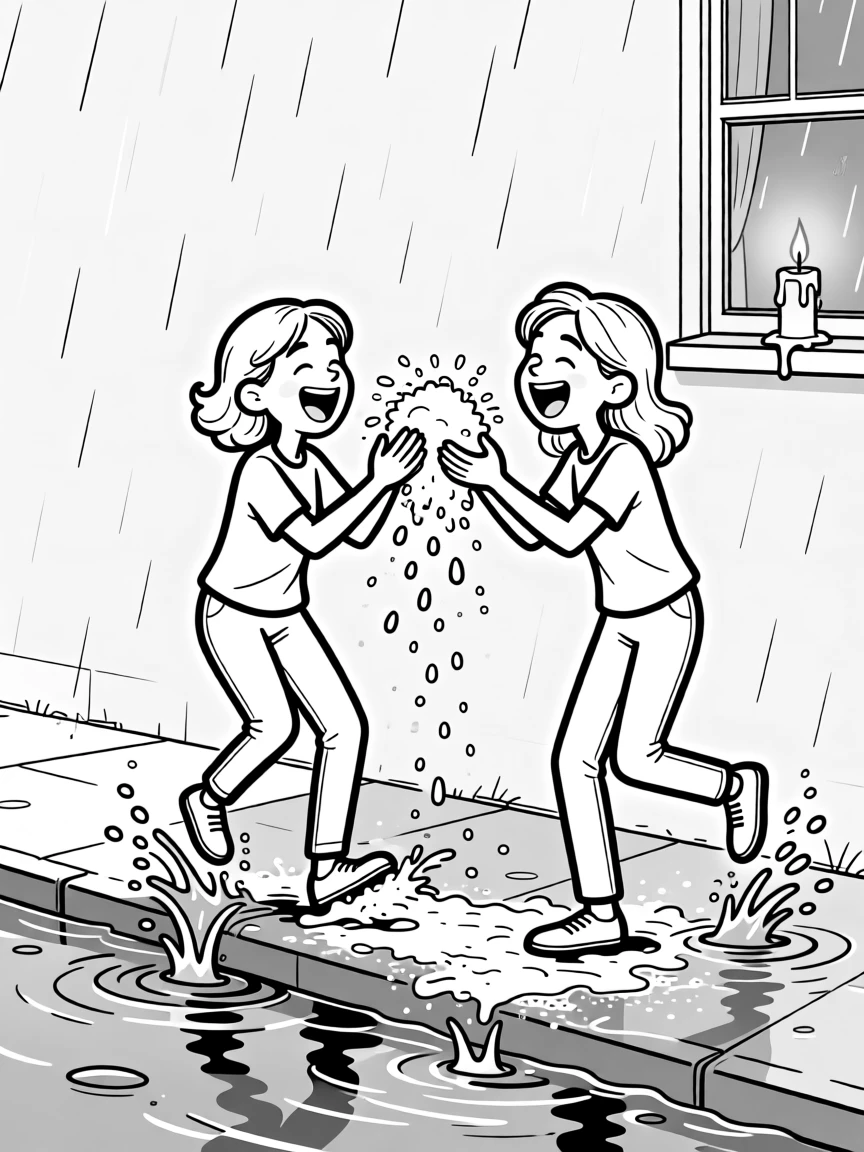 Two people laughing while getting soaked in a sudden downpour, flinging flour at each other mid-recipe, set splashing through a flooded sidewalk. A half-melted candle flickers on the windowsill. There's a tender sweetness beneath all the silliness.