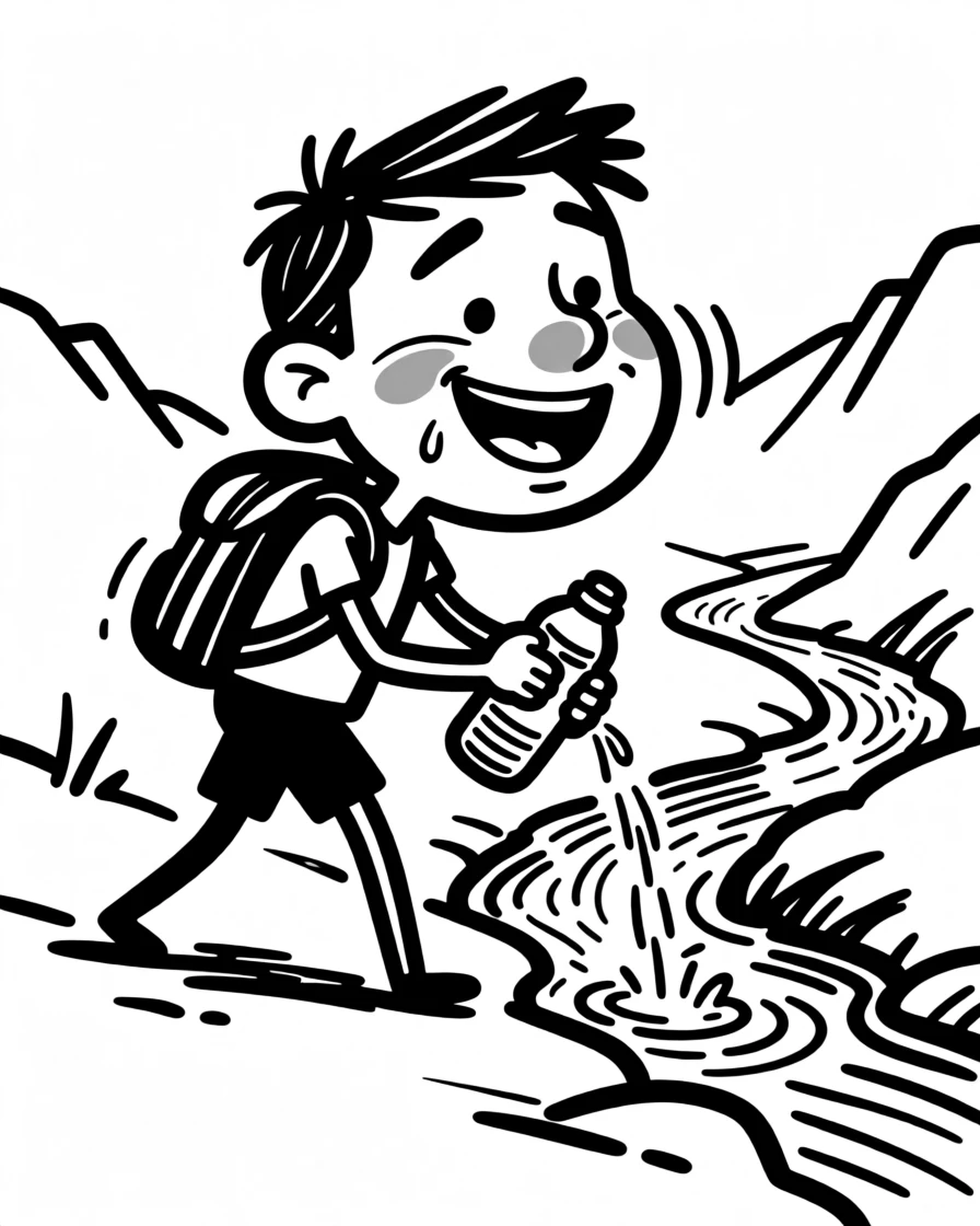 A hiker filling a water bottle from a clear mountain stream mid-trail.