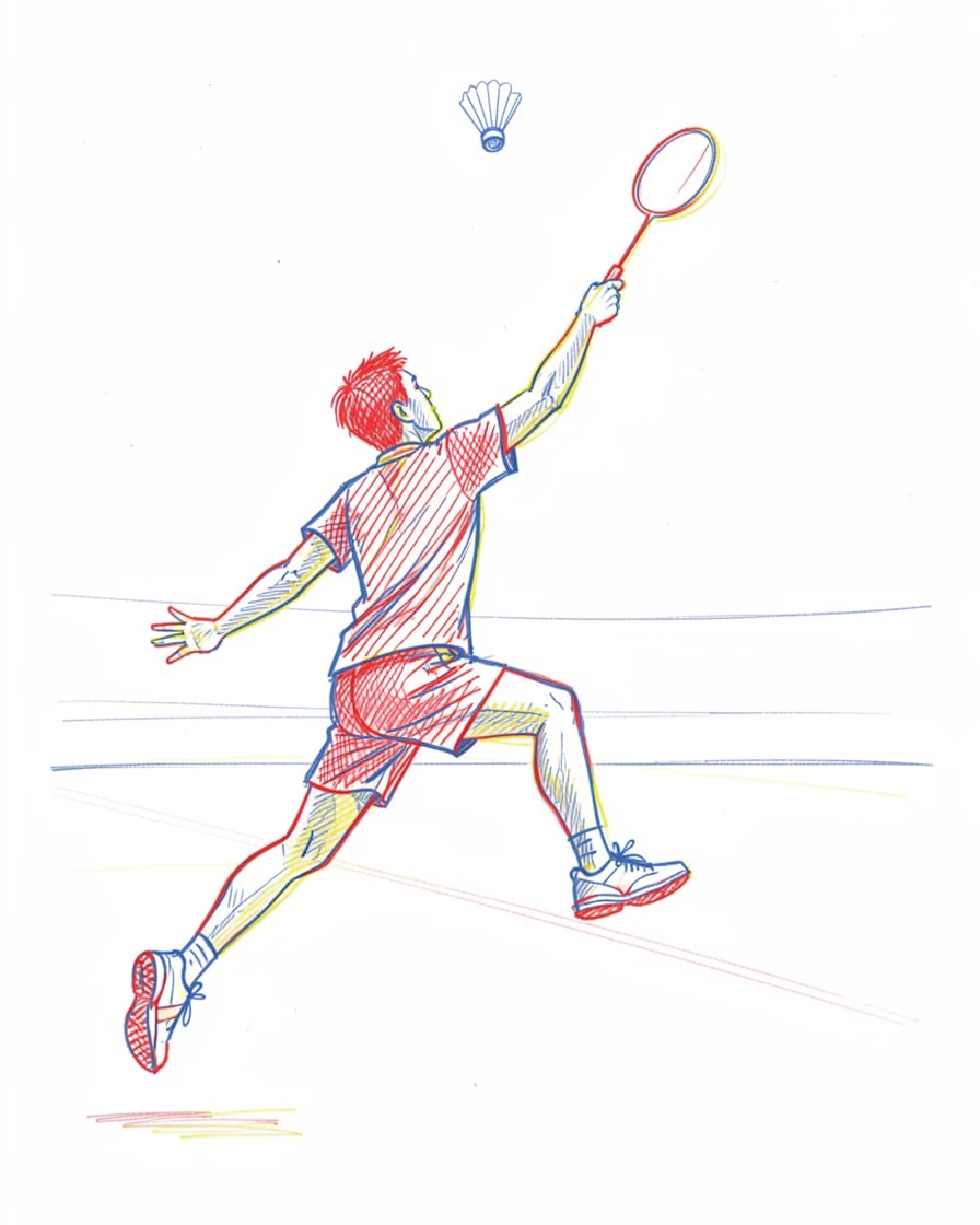 A badminton player leaping to smash a shuttlecock over the net