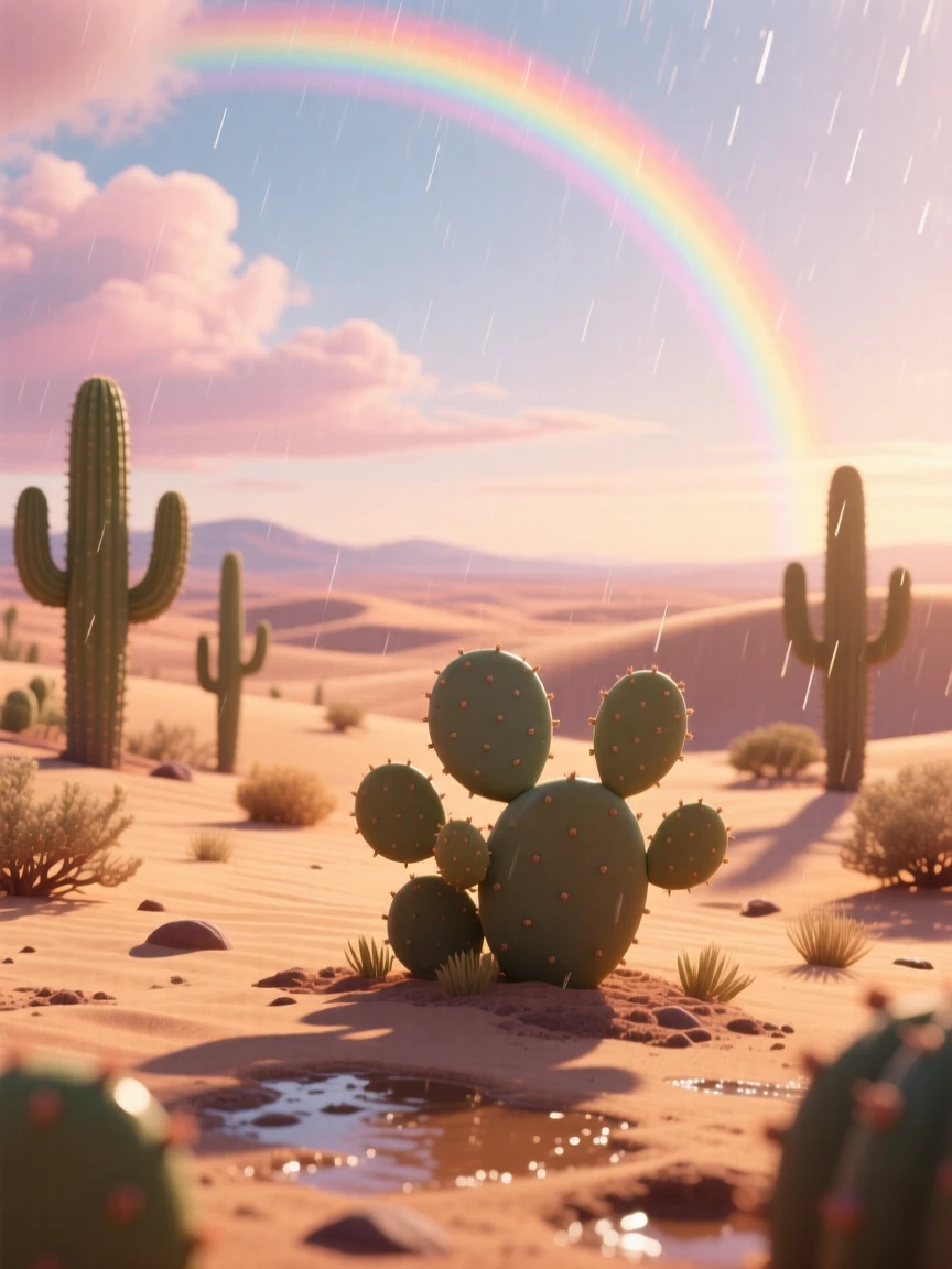 A desert dotted with cacti glows while a rainbow arcs faintly overhead after a storm, with soft shadows stretching long across the ground. A deep sense of peace and quiet awe fills the scene.