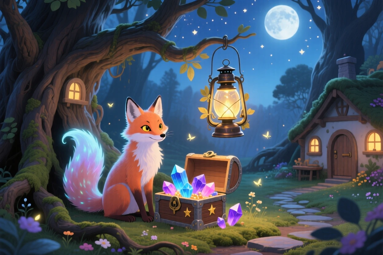 Deep within a village of tiny cottages built into tree roots, a moonlit fox spirit spends the evening guarding a treasure of glowing crystals, while soft golden light spills from an old lantern.