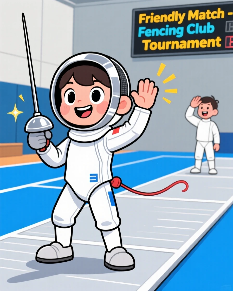A young fencer saluting an opponent before a friendly match.