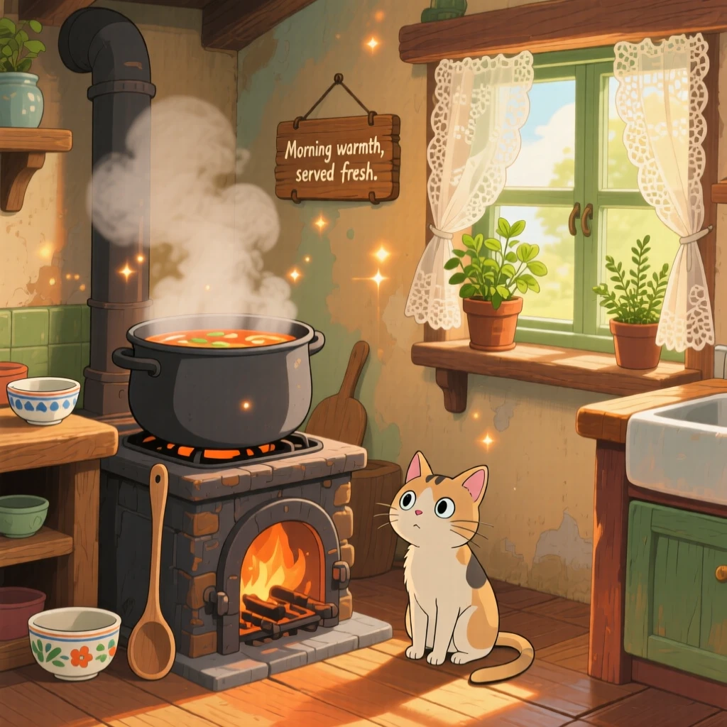 A warm, inviting scene of a steaming pot of soup simmering on a wood stove, as morning light streams through a nearby window.