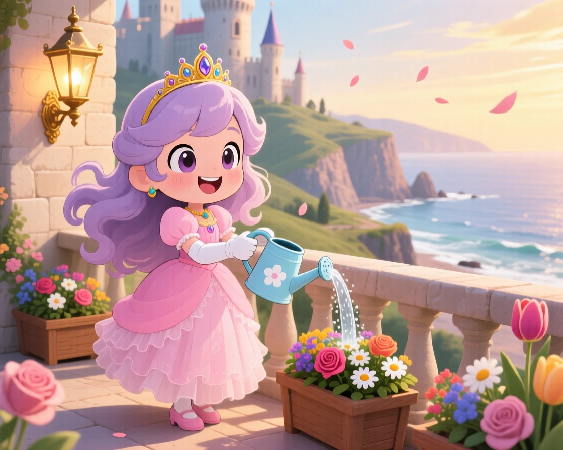 Full-body shot of a young princess, watering flower boxes on a castle balcony, in a fairy-tale hilltop castle, on a breezy coastal afternoon, illuminated by warm lamplight, radiating giggling amusement.