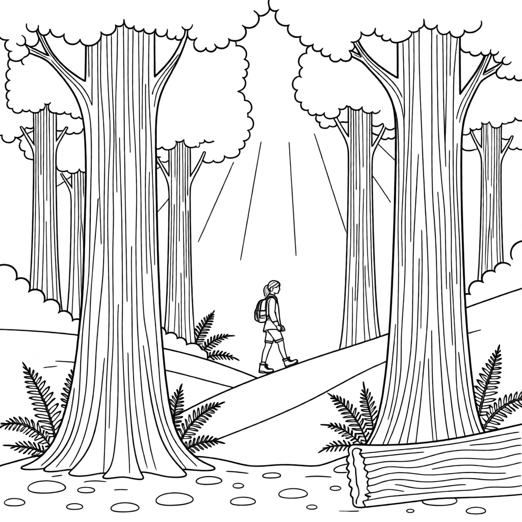 A grove of towering redwood trees with sunbeams breaking through, with a distant figure hiking along a ridge.