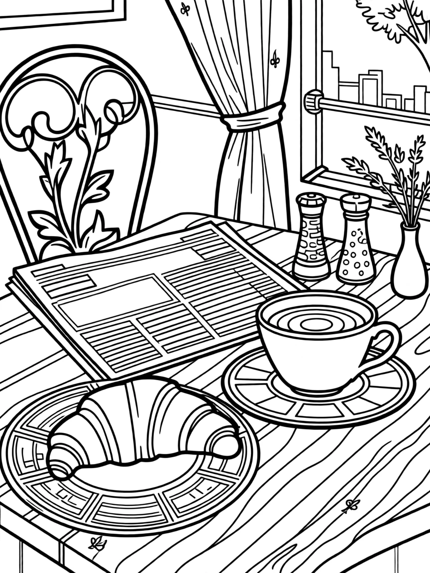 A café scene with a croissant, espresso, and a folded newspaper.