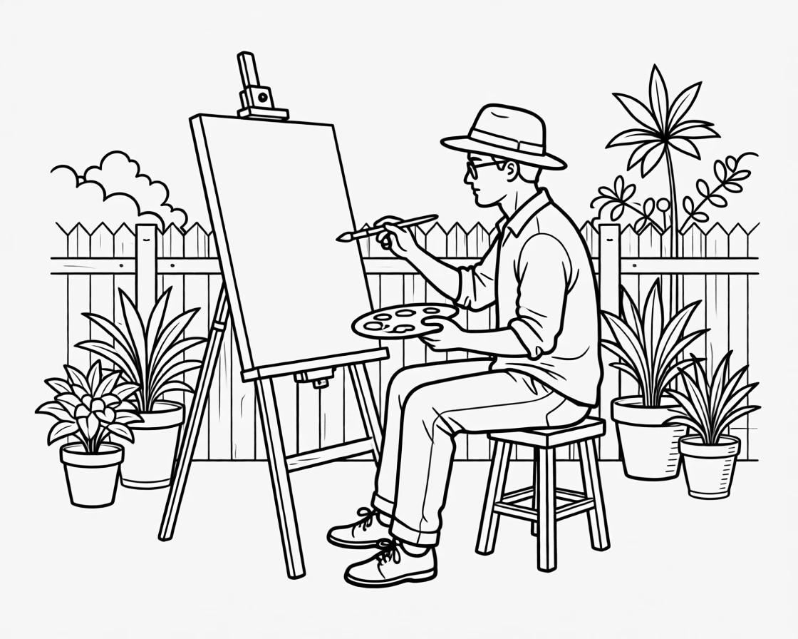 A painter working on a canvas in an outdoor studio