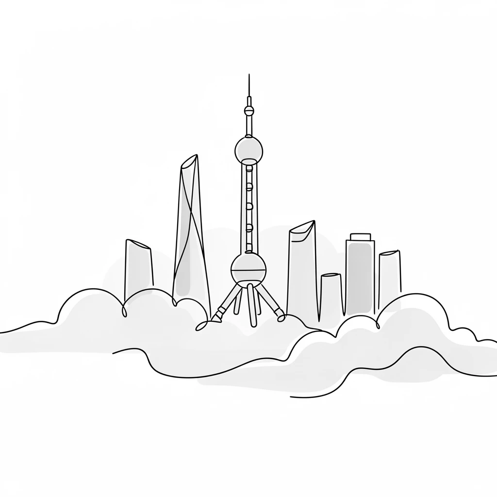 A misty morning in Shanghai reveals the futuristic skyline of Pudong emerging through low clouds, the Oriental Pearl Tower glowing against soft pastel light, the changing light gradually shifting the mood of the landscape from moment to moment.