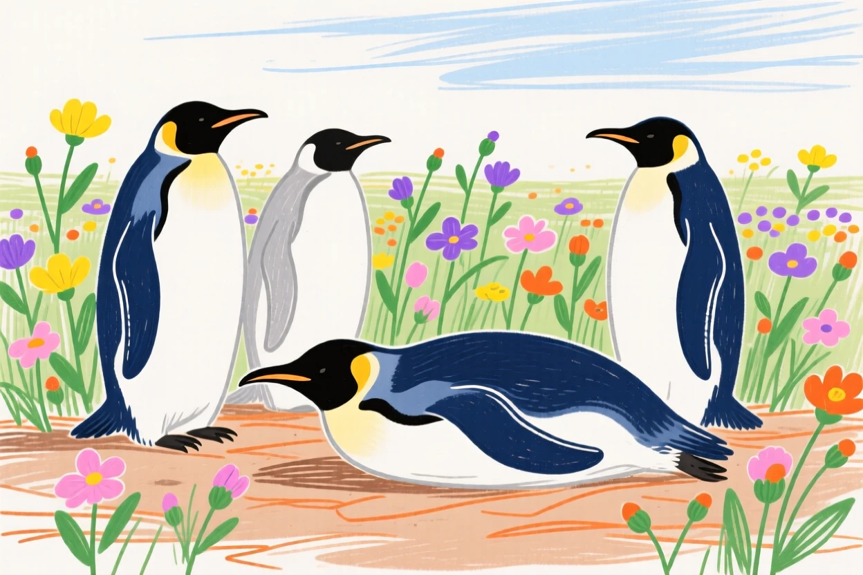 A group of penguins resting near a wildflower field on a quiet summer afternoon.