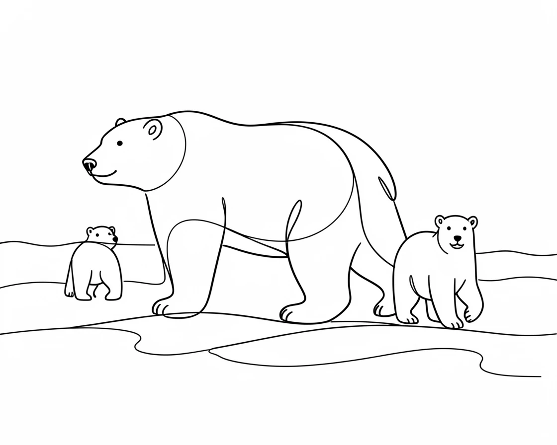 A polar bear and her two cubs walking across a vast expanse of Arctic ice